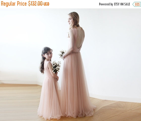 Wedding - Oscar SALE Blush pink backless maxi tulle dress, Sleeveless Low back bridesmaids tulle dress