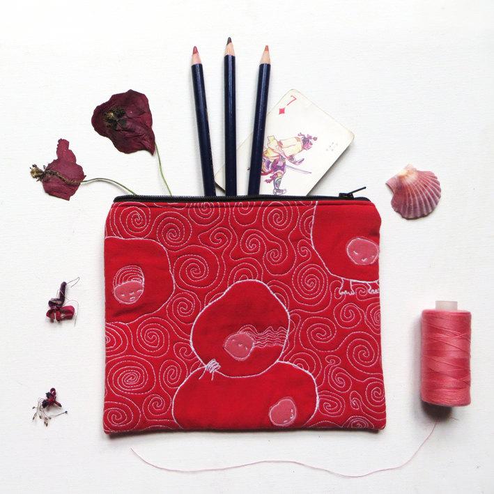 زفاف - Embroidered quilted zipper pouch, textile art purse, OOAK, travel organizer, bridesmade gift,Red wedding clutch, gift for her