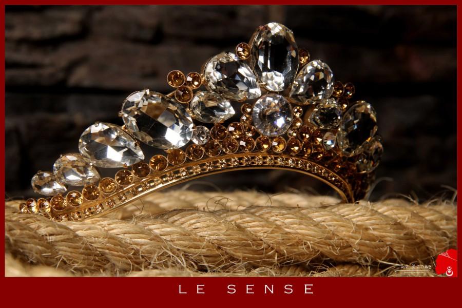 Wedding - Unique handmade gold princess tiara, wedding tiara, crystal tiara handmade for order inlaid with big tear drops SWAROVSKI  Crystals