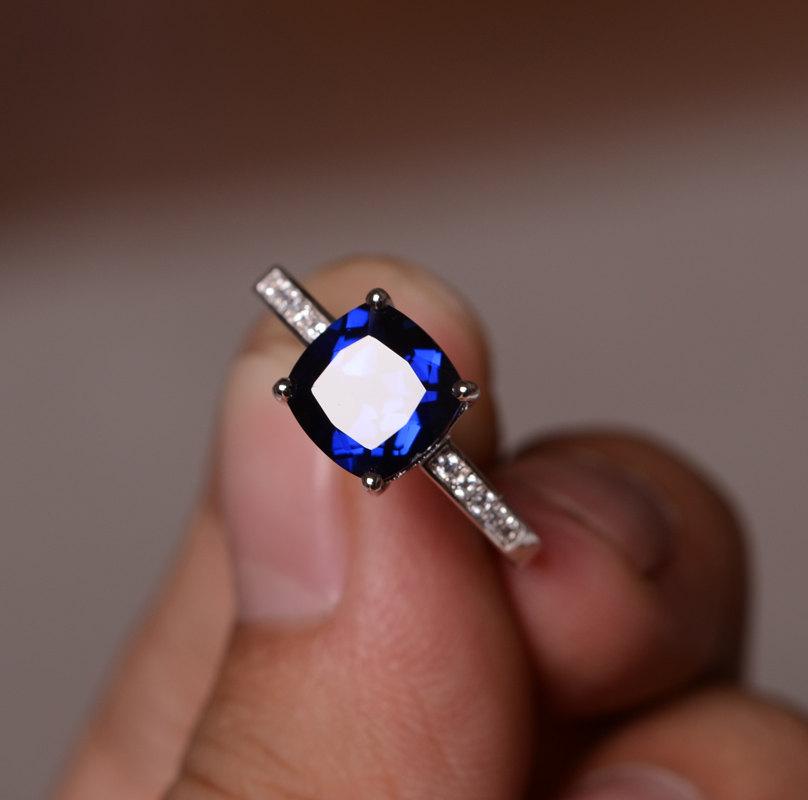 زفاف - Lab Sapphire Ring September Birthstone Blue Gemstone Ring Sterling Silver 925