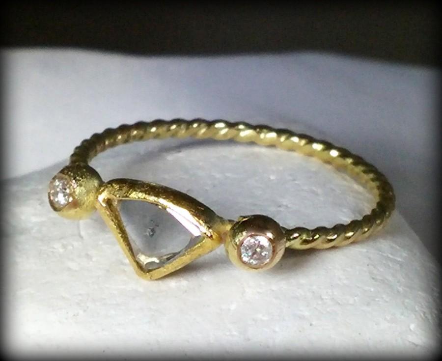 Wedding - Clear  rose cut  diamond ring, engagement ring, multistone ring,  white diamond and yellow gold  gemstone ring, birthstone ring