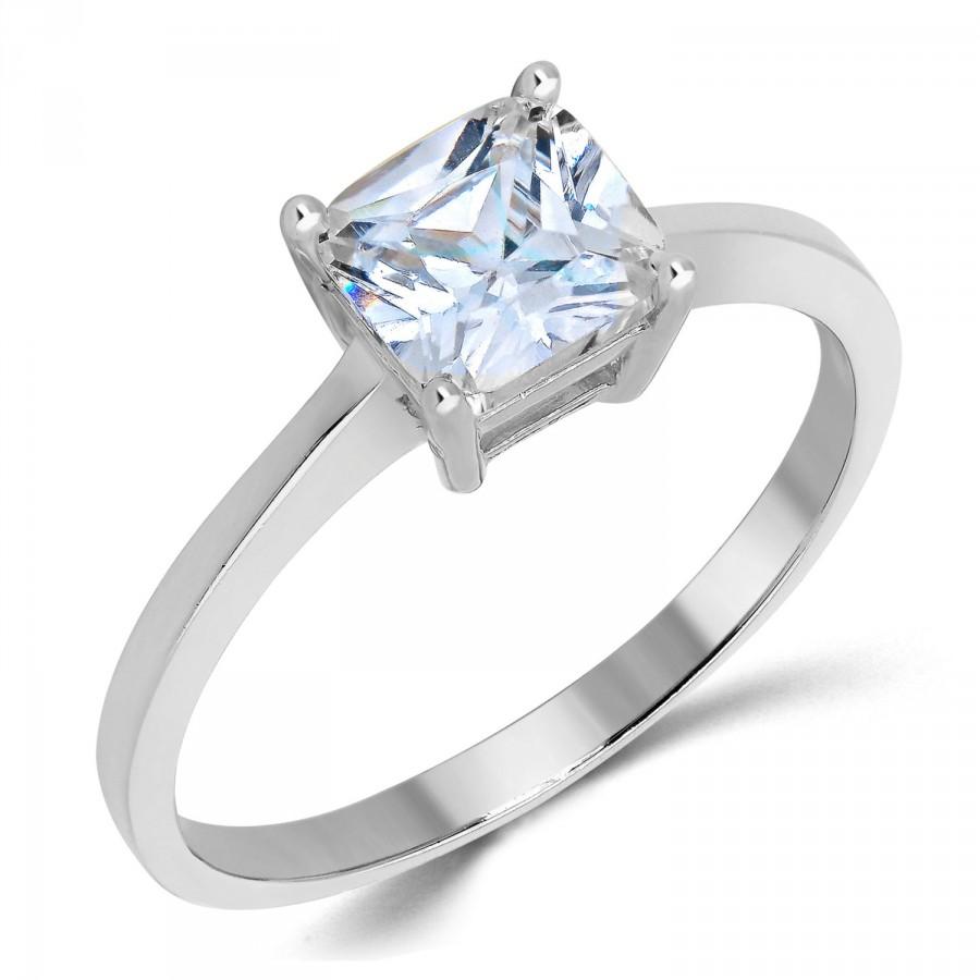 زفاف - 14K Solid White Gold Princess Cut CZ Cubic Zirconia Solitaire Engagement Ring