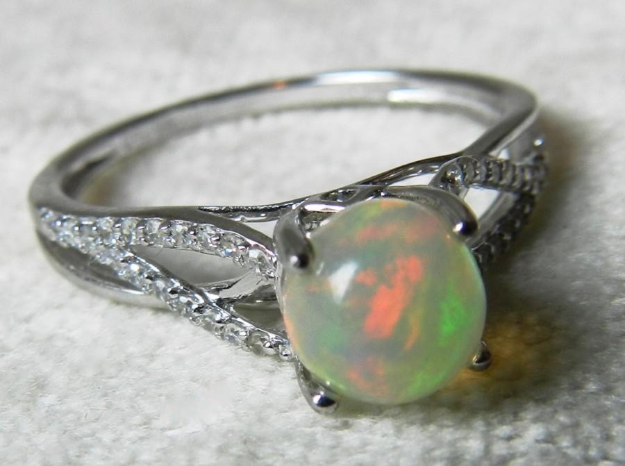 Wedding - Opal Engagement Ring Diamond Halo Style Ring 1.16 Ct Natural Round Opal 18k White Gold Diamond accents