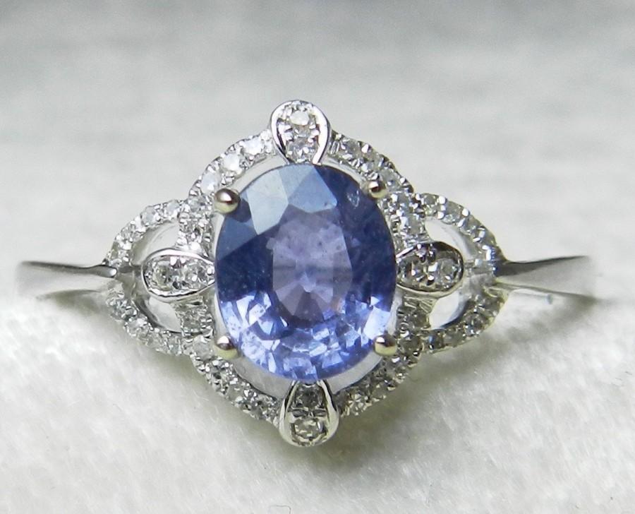 Wedding - Sapphire Engagement Ring Diamond Halo Style Ring 0.83 Ct Ceylon Blue Natural Sapphire 0.12 cttw round brilliant cut Diamond 14k White Gold
