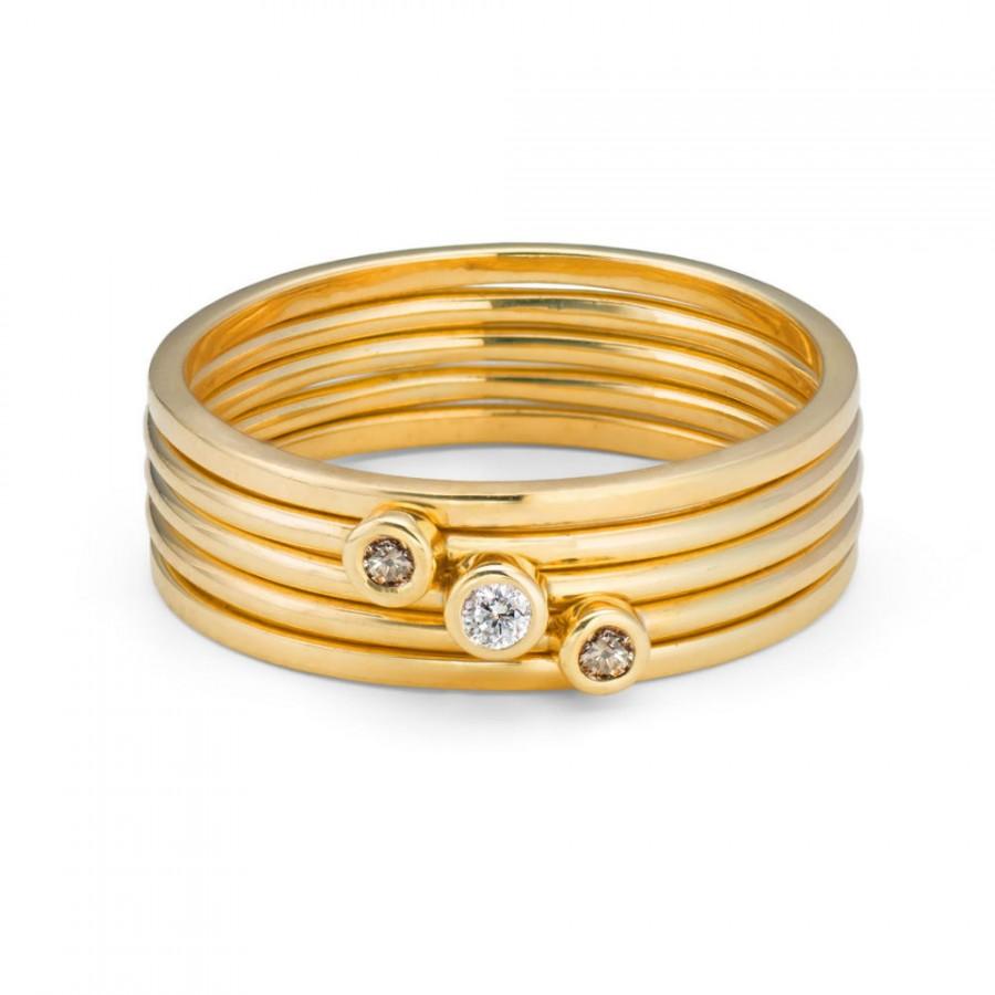 Hochzeit - Stack of Five 9ct Yellow Gold & Champagne and White Diamond, Ethical Skinny Rings