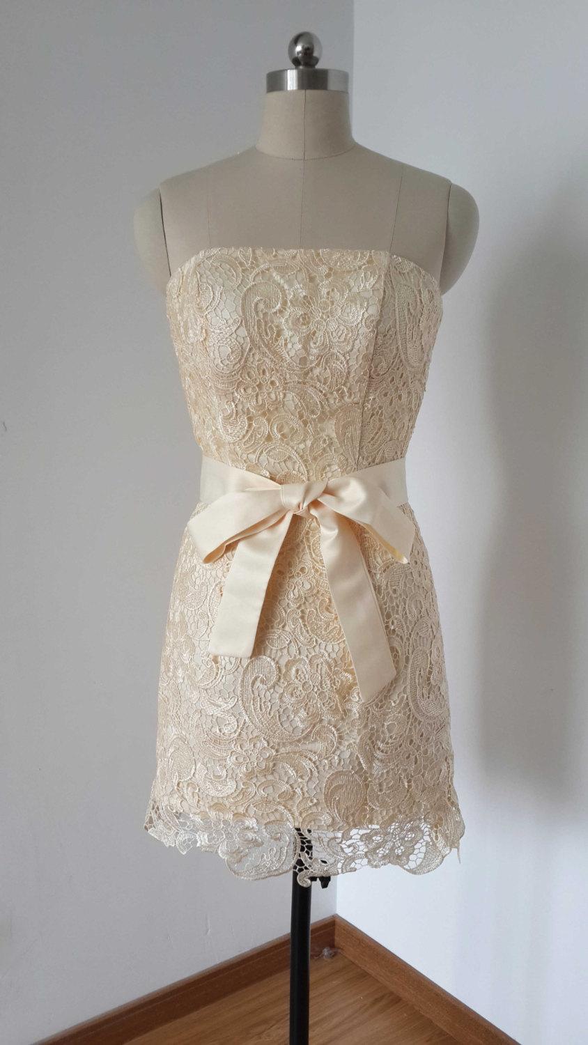 Hochzeit - 2015 Strapless Champagne Lace Short Bridesmaid Dress with Sash