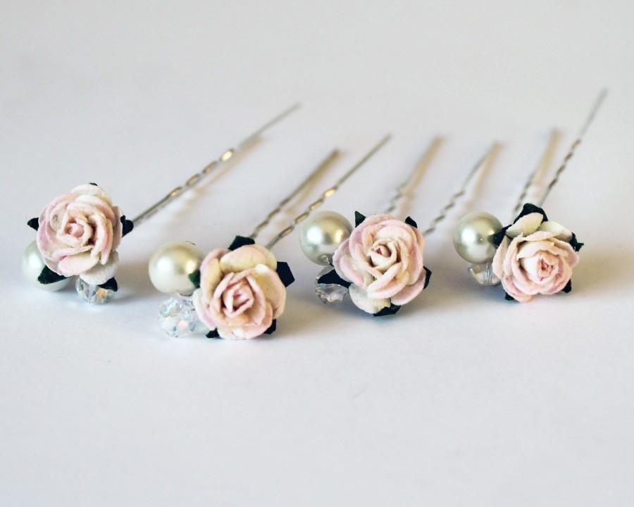 Wedding - Pale Pink and Ivory Rose Hair Pins, Wedding Hair Pins, Bridal Hair Accessories, Bridesmaid Hair Pins,
