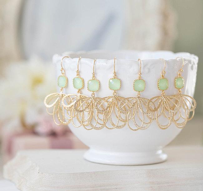 زفاف - Mint and Gold Earrings, Mint Green Glass Stone Gold Filigree Dangle Earrings, Mint Wedding Jewelry, Bridesmaid Earrings, Maid of Honor Gift
