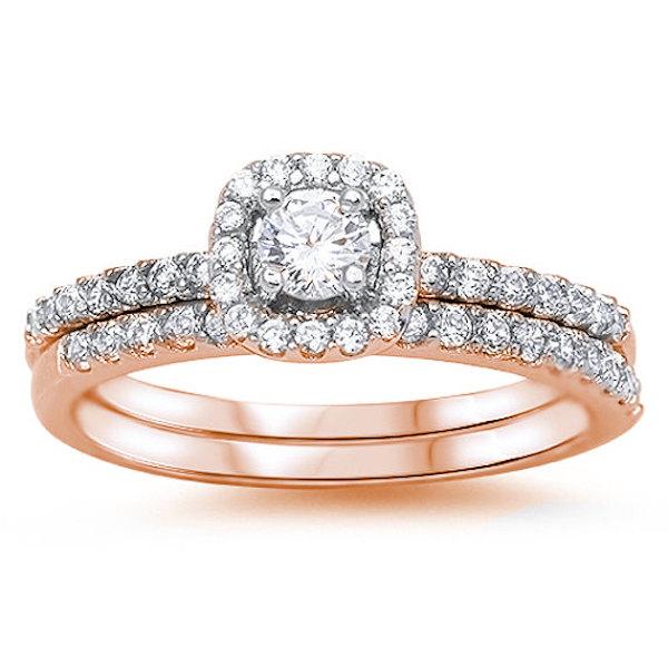Mariage - Vintage 0.50 CT Round Clear White Brilliant Cut Diamond CZ Pink Rose Gold Solid Sterling Silver Halo Ring Matching Band Wedding Engagement