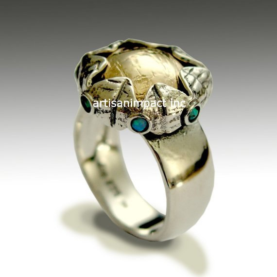زفاف - Silver Leaves ring, silver engagement ring, gold ring, two tone ring,opals ring, boho ring, botanical ring, gold ring - On my mind R1693G