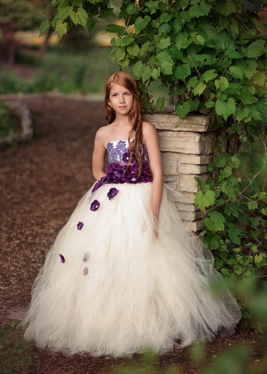 Wedding - Ivory Purple Flower Girl Dress 