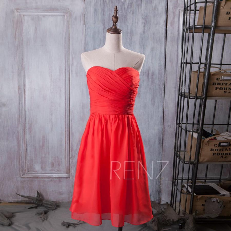 Hochzeit - 2015 Coral Bridesmaid dress, Orange Red Wedding dress, Strapless Prom dress, Womens Formal dress, Party dress Chiffon tea length (B072B)