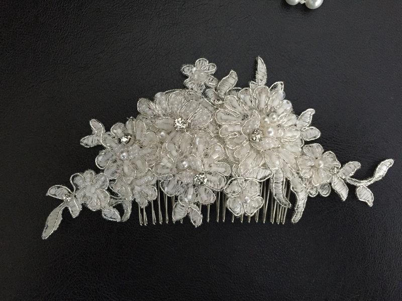 Hochzeit - Bridal Hair Accessories, Wedding Head Piece, Ivory Beaded Lace, Rhinesone, Comb