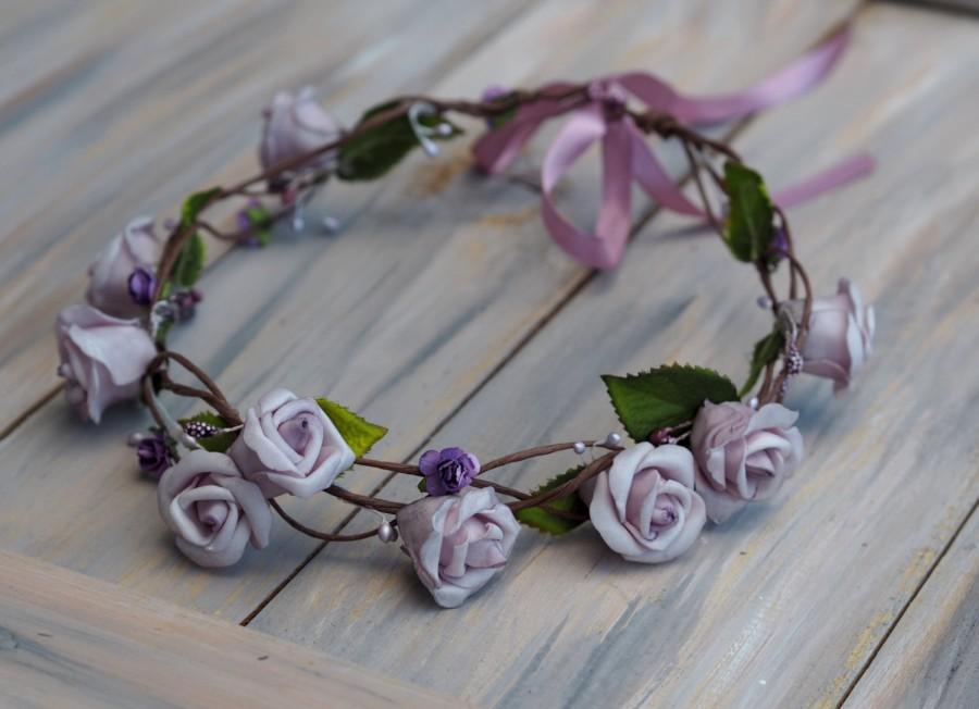 Mariage - Flower Girl Hair Crown, Rose Wedding Crown, Woodland Wedding Circlet, Rose Bridal Halo, Lilac Floral Crown, Purple Hair Garland