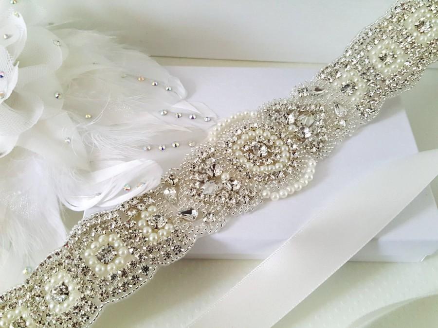 زفاف - Wedding Belt, Bridal Belt, Sash Belt, Crystal Rhinestone & Off White Pearls - Style 153