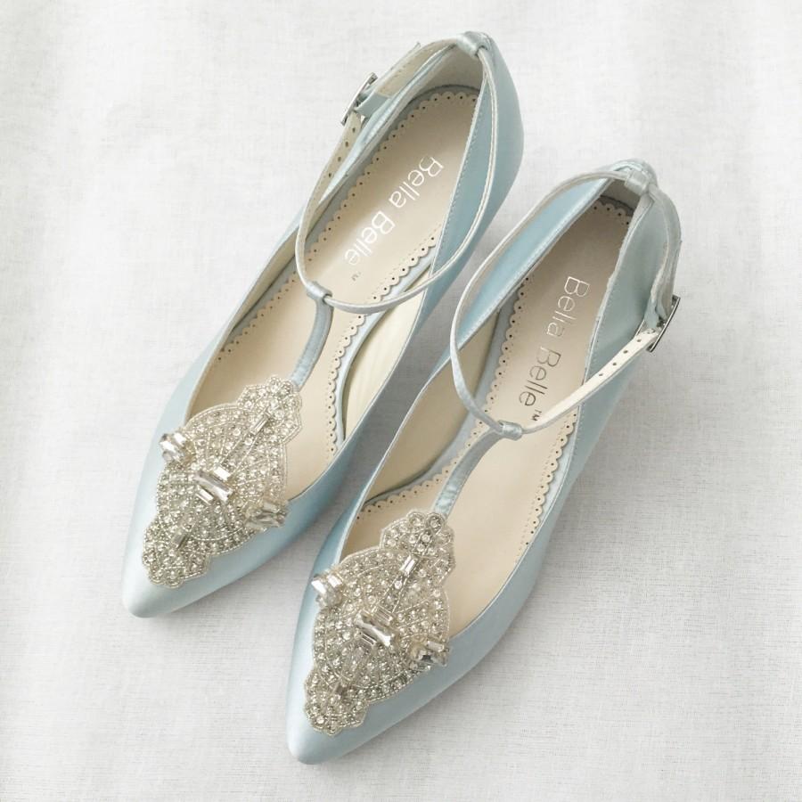 Hochzeit - Art Deco Something Blue Wedding Shoes with Great Gatsby Crystal Applique T-Strap Kitten Heel Silk Satin Bridal Shoes