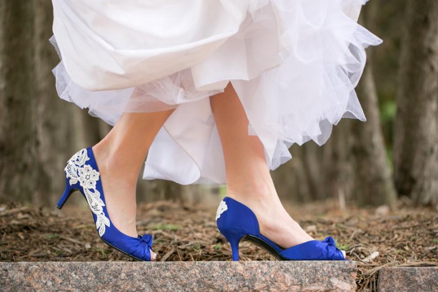 Hochzeit - Wedding Heels - Royal Blue Wedding Heels, Blue Wedding Shoes, Blue Heels, Bridal Shoes, Bridal Heels, Pumps with Ivory Lace. US Size 7.5