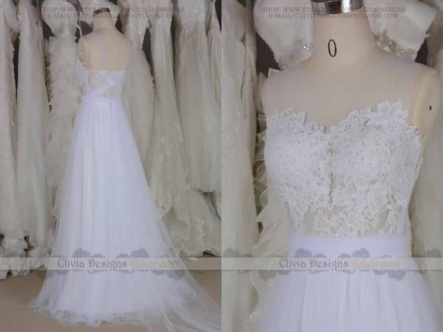 زفاف - Boho Illusion Lace Tulle Wedding Dress, Bohemian Sheer Back Lace Tulle Wedding Dress, Boho Beach Wedding Dress, Lace Beach Wedding Gown W569