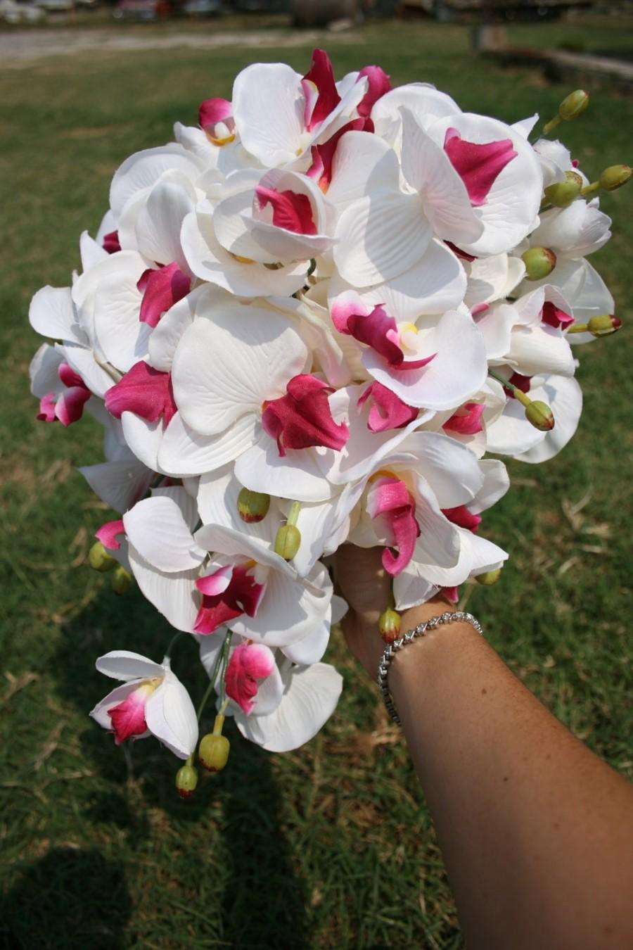 Hochzeit - Fuchsia and White Butterfly Orchid Cascade Bouquet