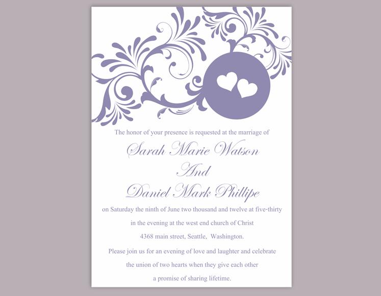 Hochzeit - DIY Wedding Invitation Template Editable Word File Instant Download Printable Purple Invitation Eggplant Wedding Invitation Heart Invitation