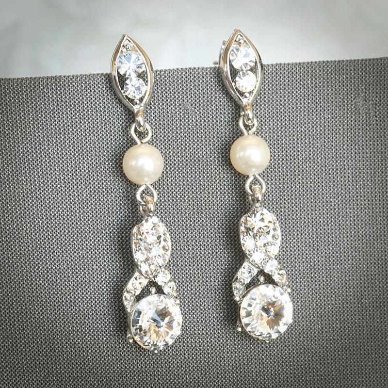 Hochzeit - WILEEN, Pearl Chandelier Bridal Earrings, Swarovski Crystal Ribbon Bow Wedding Earrings, Silver Bridal Jewelry, Vintage Inspired Dangles