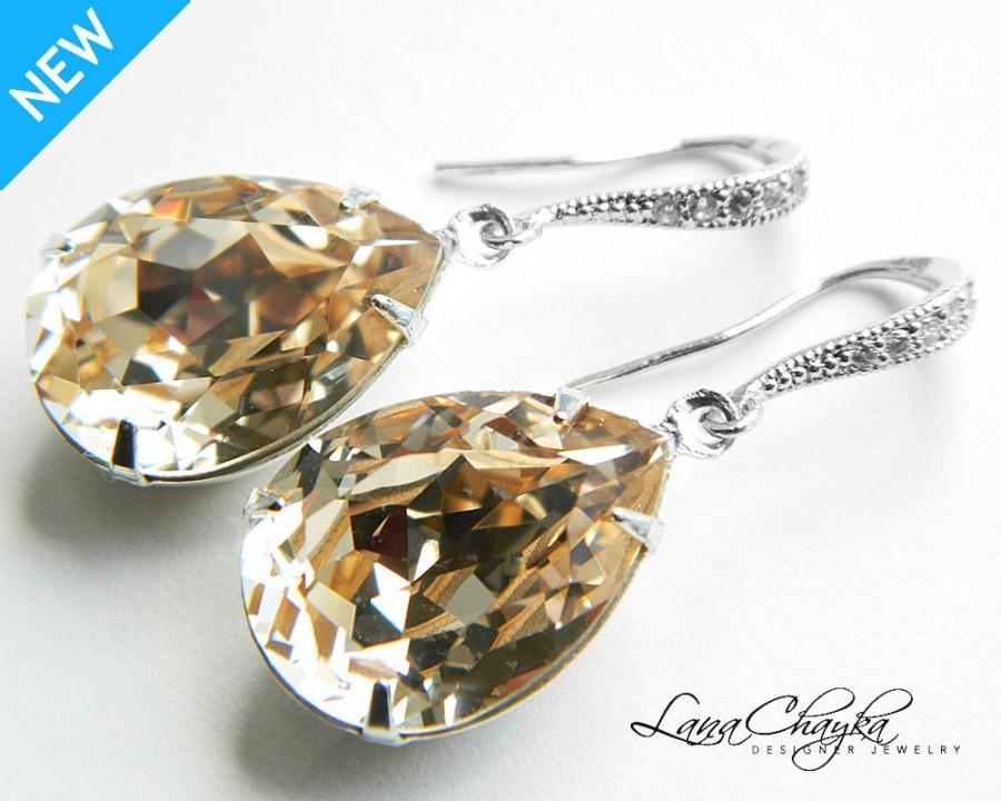 Mariage - Champagne Light Silk Crystal Earrings Wedding Swarovski Rhinestone Teardrop Earrings Champagne Sparkly Sterling Silver CZ Earrings Weddings