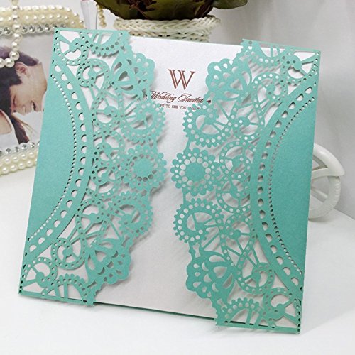 Mariage - 60 pcs Tiffany Blue Lace Flowers Laser Cut Wedding Invitations