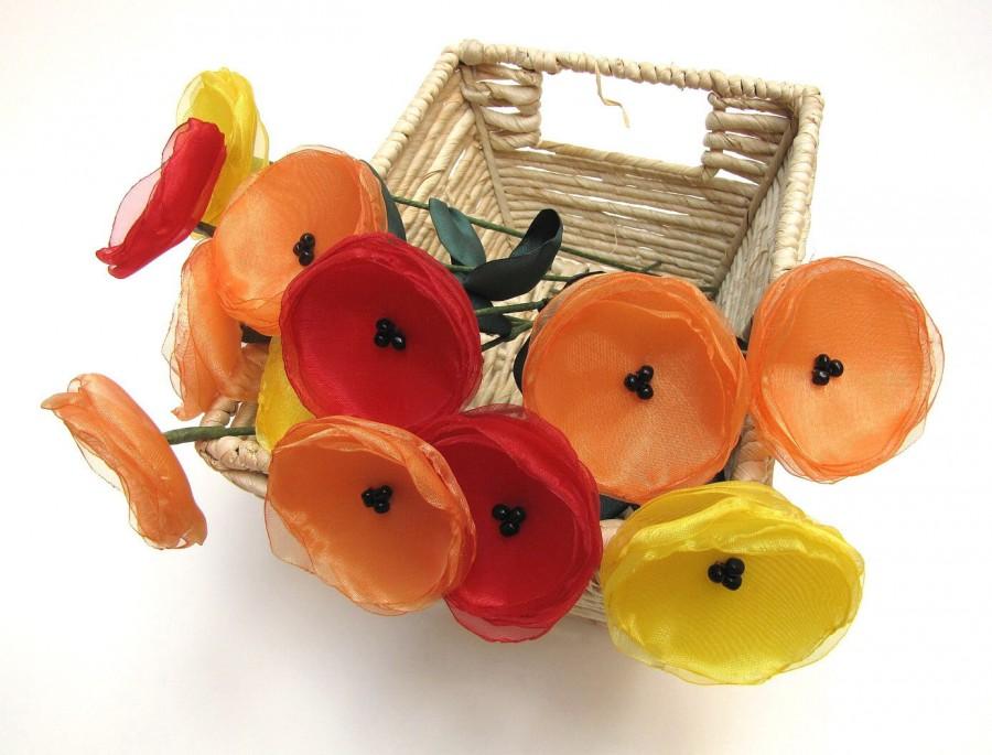 Свадьба - Flowers with stems, fabric flowers, stemmed poppies, organza flowers, home decor- 12 pcs- BOUQUET of WILD POPPIES (Yellow, Orange, Red)