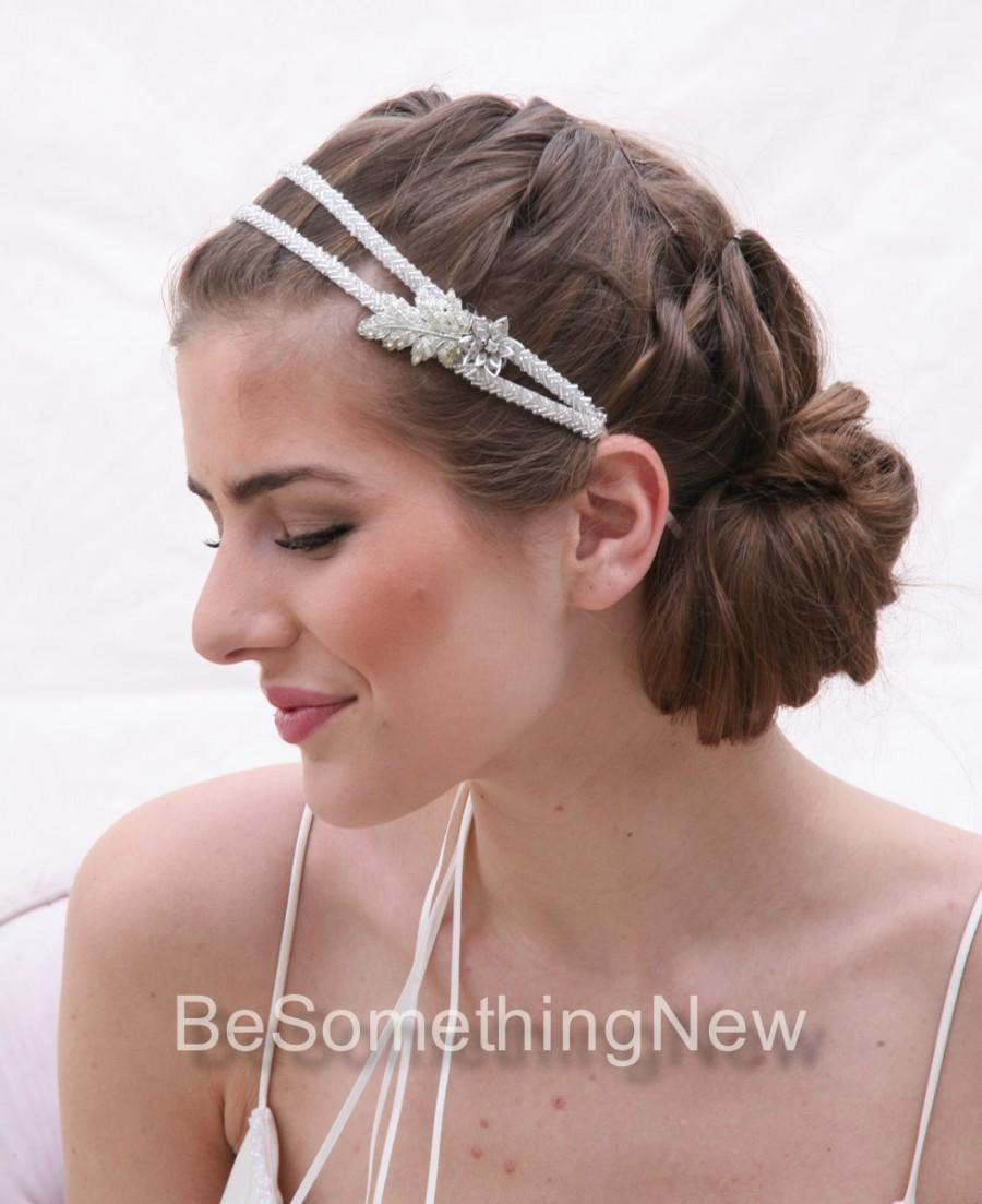 Wedding - Silver Beaded Double Tie Wedding Headband Vintage Rhinestone Leaf and Flower Wedding Hair Accessory Wedding Headpiece Bridal Headband