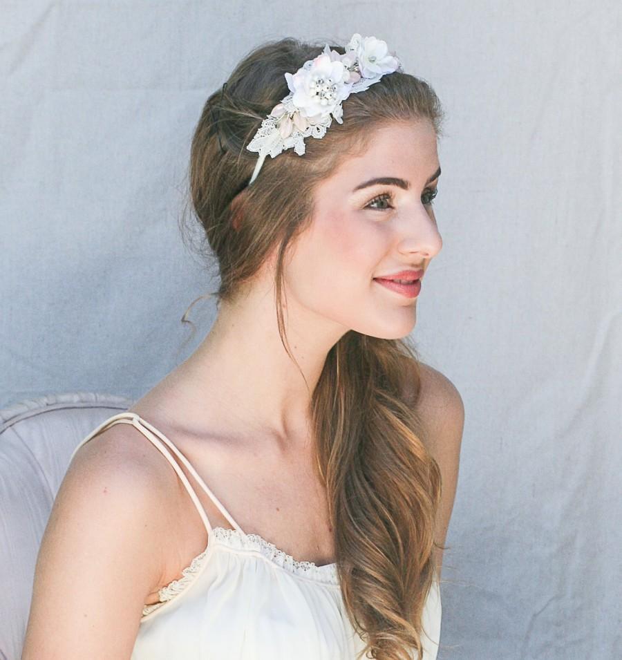 Свадьба - Vintage Lace, Pink Leaves and Petals Headband, Wedding Hair, Headpiece, Wedding Hair Accessory, Pink and Ivory Vintage Wedding Headpiece
