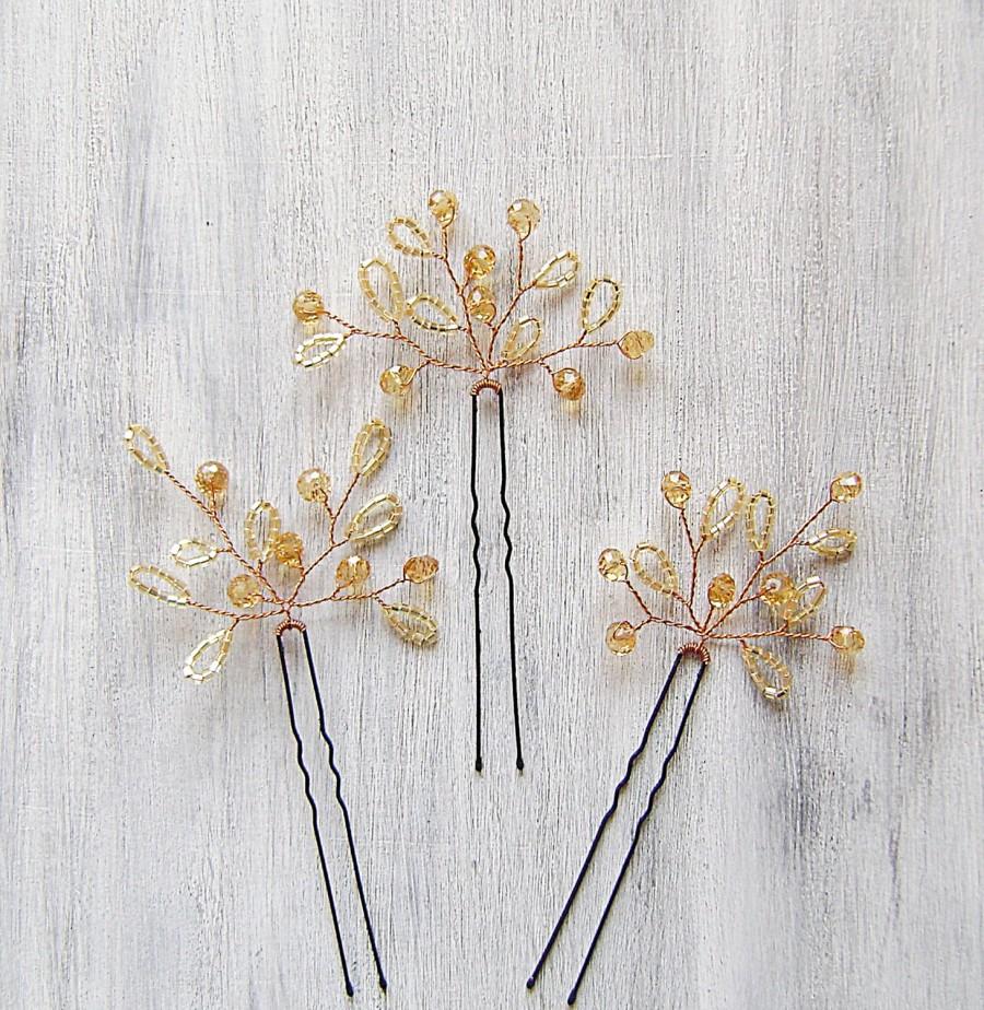 Hochzeit - Wedding Hair Accessories with czech seed beads and glass crystal , Bridal Hair pins, Bridal Hair, Golden Hair Pins, Set of Three (3)