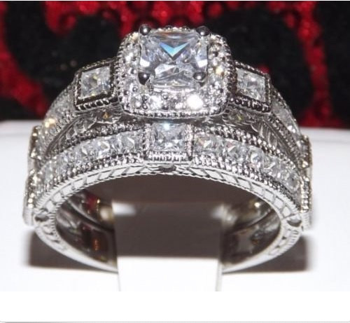 Wedding - 3.4ct Halo Princess Cut Engagement Wedding Ring Set Womens Diamond Simulated Bridal Set 925 Sterling Silver w/ Platinum ep Size 5 6 7 8 9