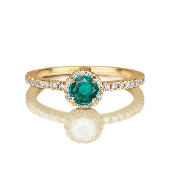 Wedding - Natural Emerald Engagement Ring, Micro Pave Ring, 14K Gold Ring, Halo Engagement Ring, 0.57 TCW Natural Emerald Ring Vintage