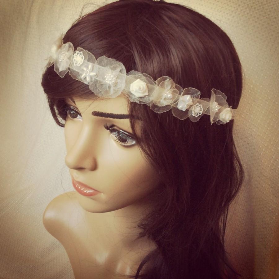 زفاف - Ivory skinny headband (organza) with tiny fabric, beads and lace flowers, boho weddings, rustic weddings, by Blue Lily Magnolia
