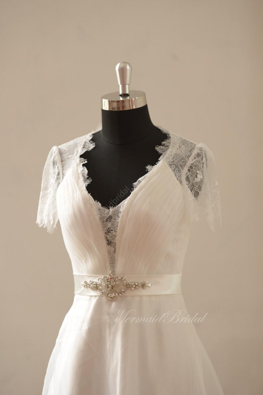 Wedding - Deep v neckline organza lace wedding dress, destination wedding dress with beading sash