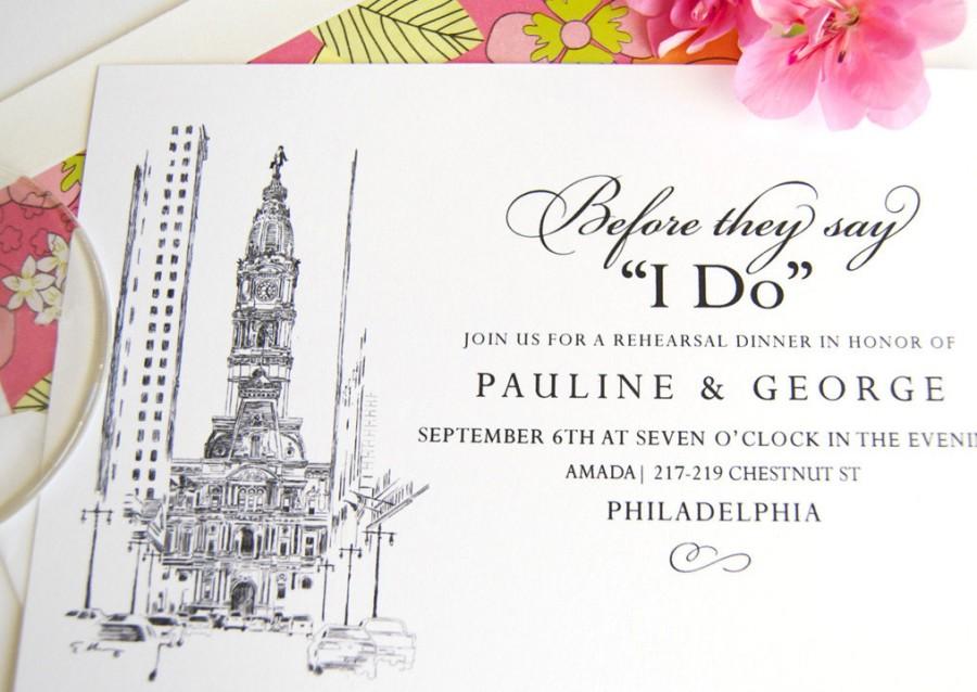 Wedding - Philadelphia City Hall Skyline Rehearsal Dinner Invitations (set of 25 cards)