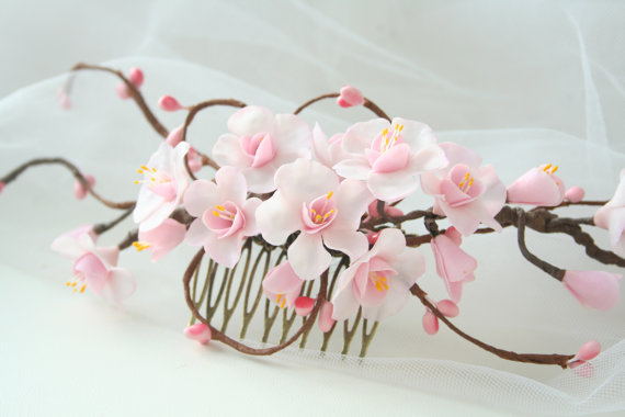 Hochzeit - Wedding flower comb, Cherry blossom comb, Bridal flower comb, Bridal flower headpiece, Bridal hair flower, spring wedding, sakura blossom