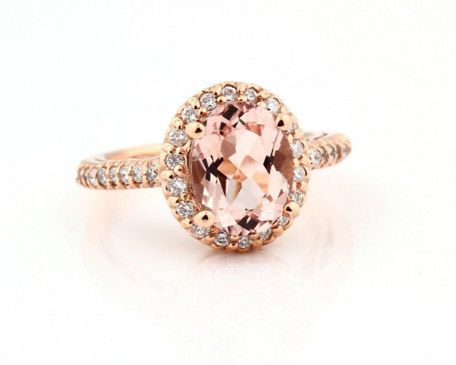 زفاف - Natural Morganite Solid 14K Rose Gold Diamond engagement  Halo Ring-antique Style - Gem748