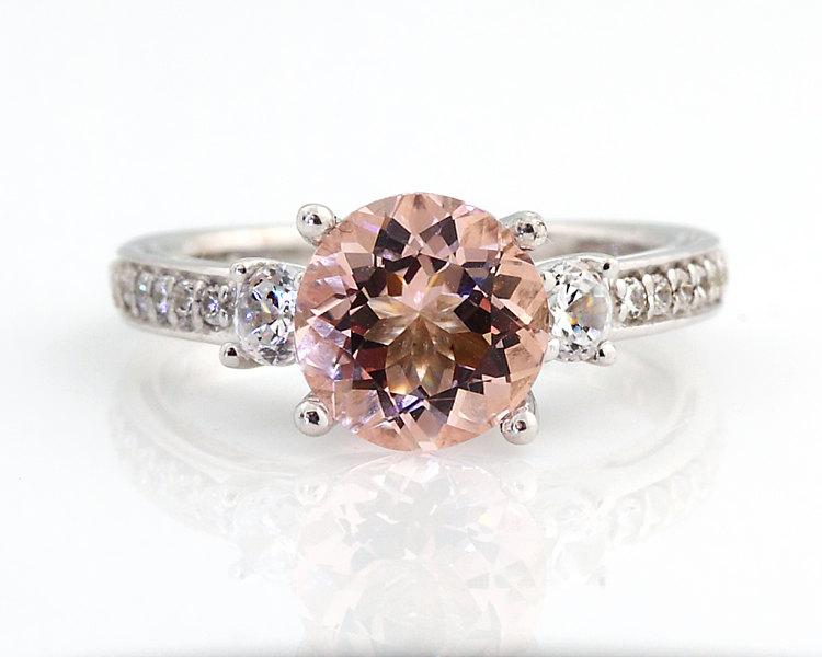 Hochzeit - Natural AAA 8MM Round Pink Morganite  Solid 14K White Gold Diamond engagement  Ring - Gem838