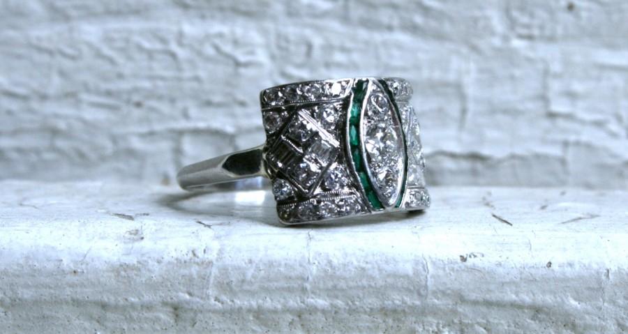 Hochzeit - Vintage Art Deco Platinum Diamond and Emerald Engagement Ring - 1.73ct.