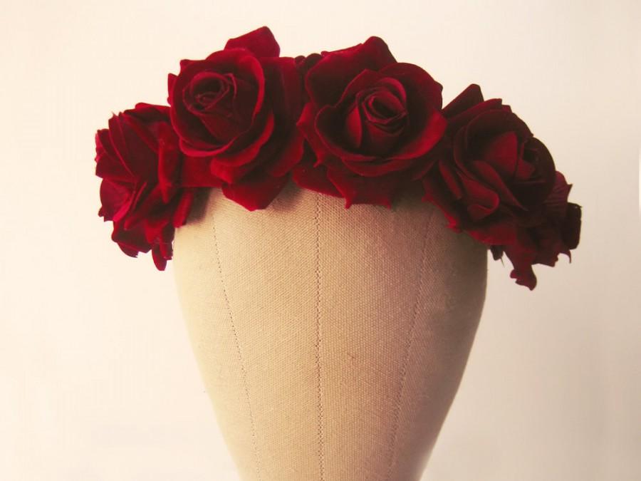 Mariage - Flower crown, Red rose headband, Hair accessories, Bohemian head piece, Burgundy wreath - LIEBE