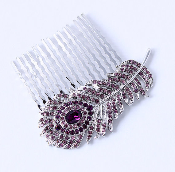 Свадьба - Purple Feather Hair Comb for Bride Bridesmaid Peacock Wedding Accessory Crystal Purple Hair Accessory