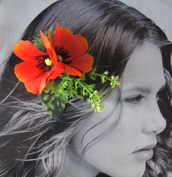 زفاف - Tomato Red Poppy hair flowers cluster - hair  clip -
