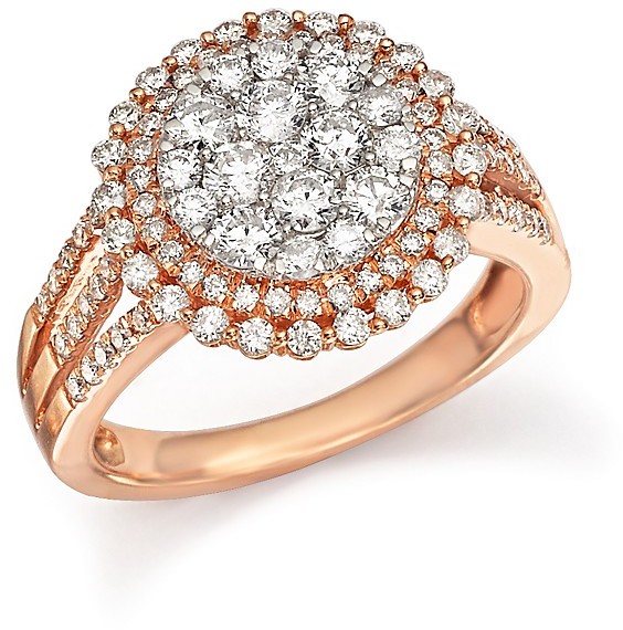 زفاف - Diamond Double Halo Cluster Ring in 14K Rose Gold, 1.40 ct. t.w.