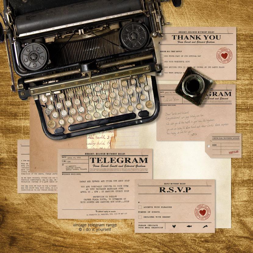 Wedding - vintage telegram printable wedding stationery set invitation suite 1920s 1930s 1940s invitation, reception or ceremony package