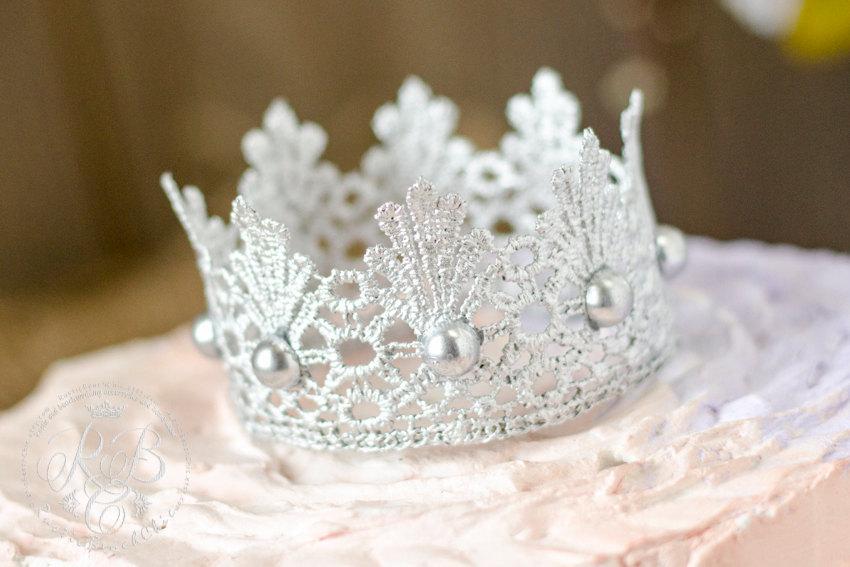 Wedding - Silver Rustic/Silver & Beads Wedding Cake Topper/crown photography propLace crown cake topper/princess party/birthday/party decoration/