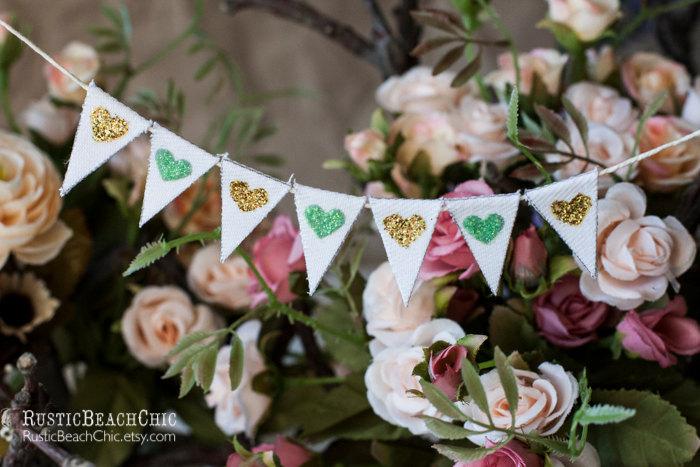 Hochzeit - Mint & Gold glitter heart  Wedding Cake Topper Banner / Wedding Banner/ glitter banner