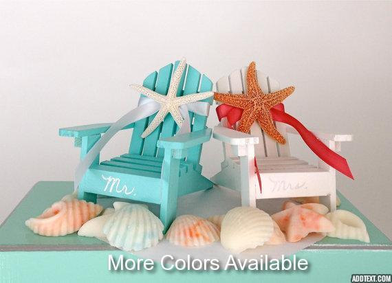زفاف - Beach Wedding Cake Topper - 2 Mini Adirondack Chairs with Natural Starfish - 6 Chair Colors and 24 Ribbon Choices