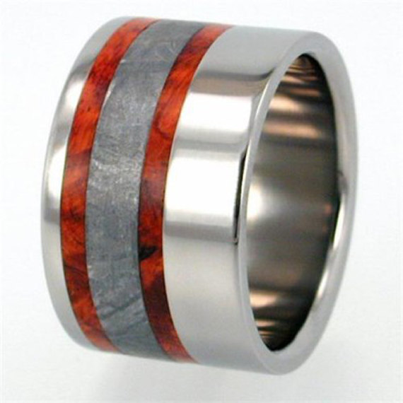Mariage - Amboyna Wood RIng, Wooden Wedding Band, Meteorite Ring
