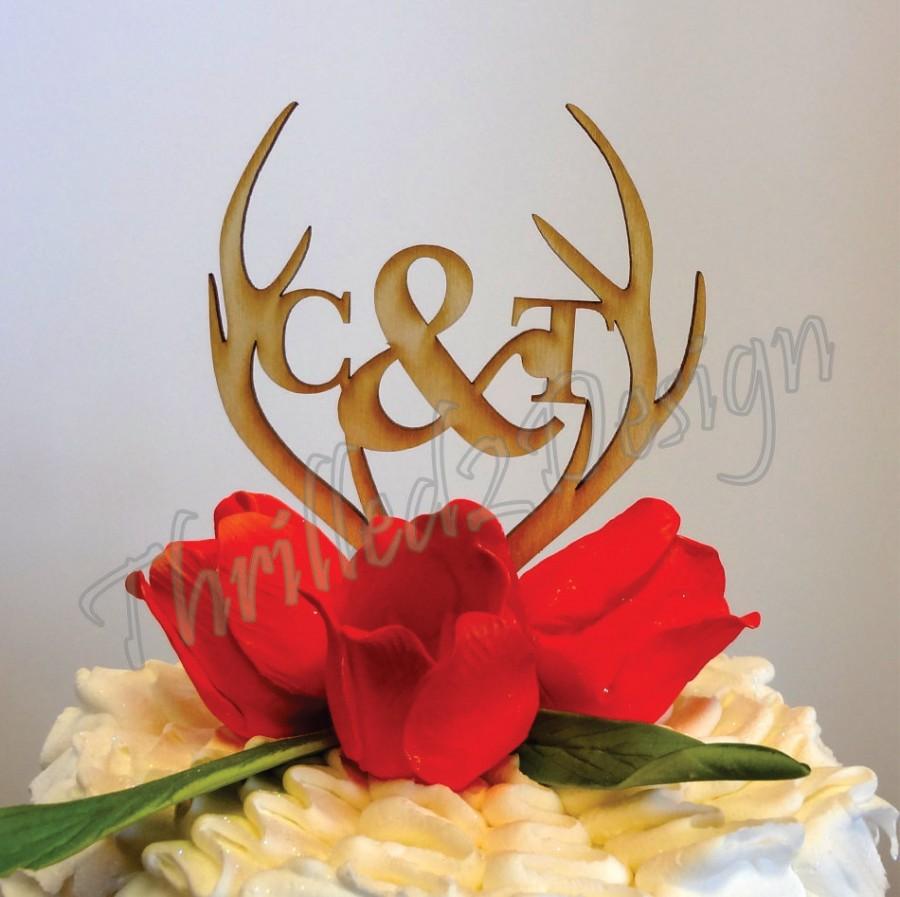 Свадьба - 6 inch Deer Antler with Monogram CAKE TOPPER - Celebrate, Party, Cake Decoration, Camo